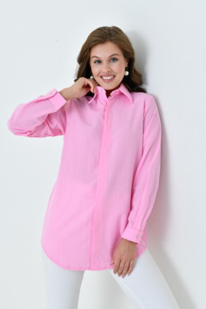 enmodaiçgiyim Рожева базова довга жіноча сорочка – зручний крій, вільний, без кишень, прямий, для повсякденного та офісного вбрання