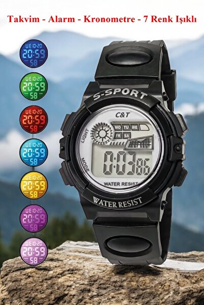 Ct Dijital Erkek Çocuk Saati- 3 atm Su Geçirmez-7 Işıklı -Takvim - Kronometre - Siyah