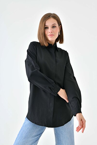 enmodaiçgiyim Чорна базова довга жіноча сорочка – зручний крій, вільна, без кишень, пряма, для повсякденного та офісного вбрання