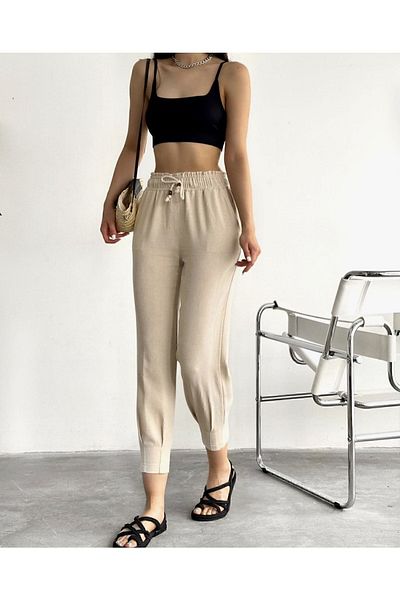 jöns since 1997 Beige Linen Trousers - Women's, Elastic Waist, Collared Leg