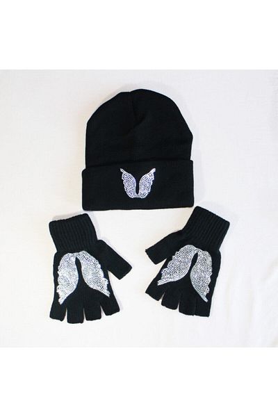 BUTİKSULTANS Figured Jewelled Design Gloves Beanie Set