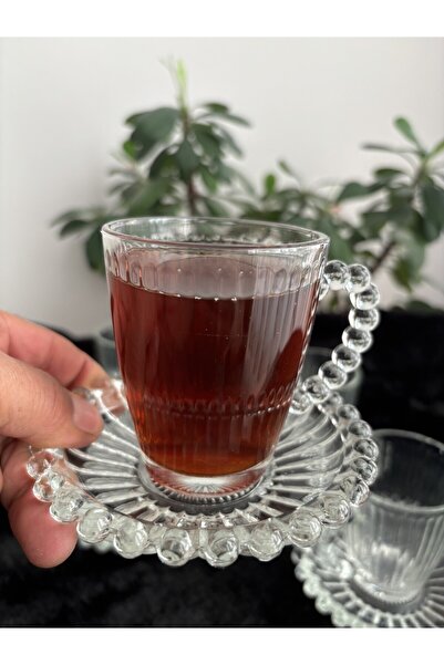 DİBA AVM Bead Model 12 Pieces Tea Cup Teaware Set 6Pcs Tea Saucer 6Pcs Mug with Cups Set