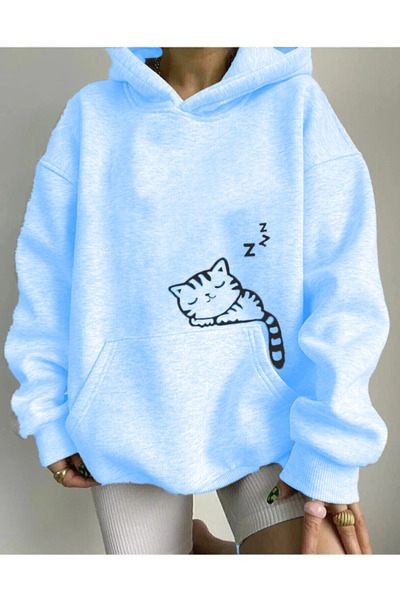 Genel Markalar Cep Üstünde Kedi Baskılı Kapüşönlü Sweatshirt