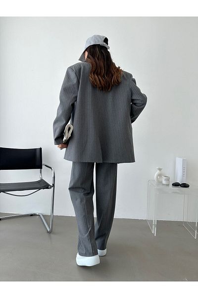 AÈC PRIVÈ 5555 Model Women's Striped Blazer and Lined Trousers Set - 100% Cotton, Non-Pilling