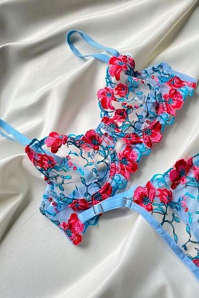 Moldina Women's Light Blue Red Floral Embroidered Underwire Embroidery Bra Set