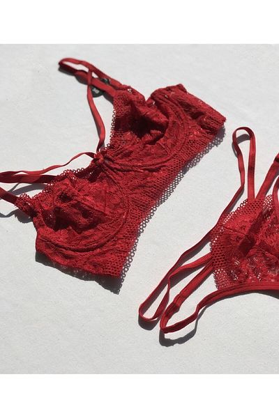 ARONA - Red Rope Stripe Detailed Capless Bralet Bra Thong Underwear Set - Lingerie Haven