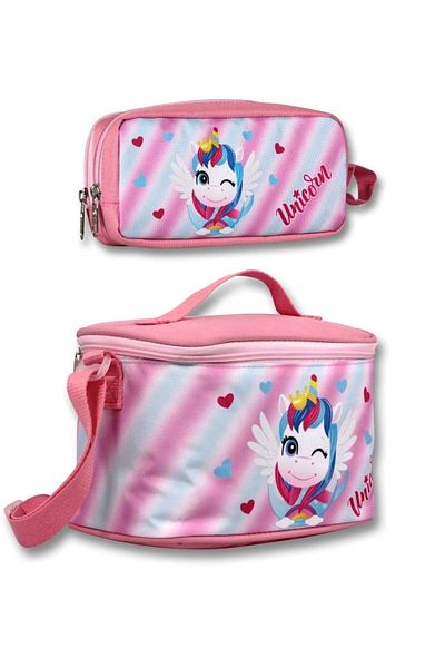 ÜMİT ÇANTA Ümit Bag Girl's Insulated Lunch Bag and Pen Holder Set - Pink Unicorn