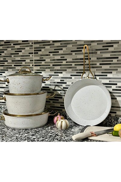 EVİNDA PAN-DORA 7 Parça Granit Beyaz-Gold Set