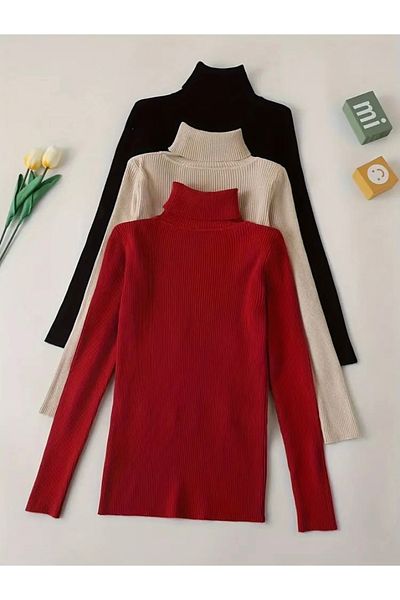 Buteks Premium Cotton 3-Piece Set Unisex Sweater - Red, Beige, Black, Turtleneck, Raised Slimfit Turtleneck