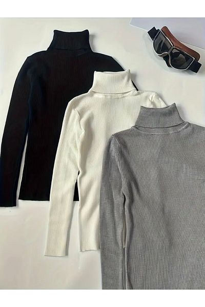 Buteks Premium Cotton 3-Piece Unisex Gray, White, Black Turtleneck Slimfit Sweater Set