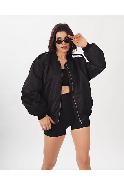 mysmile Black Unisex Oversize Bomber Jacket Coat