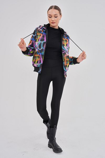 MAG FASHİON Neon Patterned Black Women's Coat - Hooded and Water Wind Repellent
