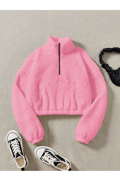 Monacube Women's Oversize Plush Crop Sweat - Half Zipper, Stand Collar