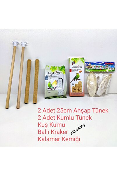 aliceshop Muhabbet Kuşu Kumlu Tünek Kuş Kumu Ballı Kraker ve Kalamar Kemiği seti