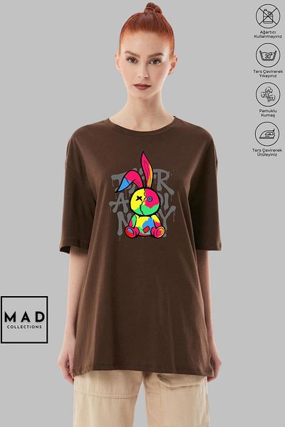 MAD COLLECTİON MAD COLLECTION Unisex Oversize Crew λαιμόκοψη, βαμβακερή ραφή με κουνέλι με στάμπα κοντομάνικο μπλουζάκι