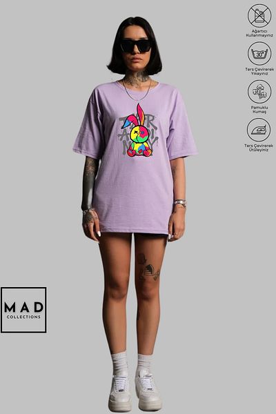 MAD COLLECTİON MAD COLLECTION Unisex Oversize Crew λαιμόκοψη, βαμβακερή ραφή με κουνέλι με στάμπα κοντομάνικο μπλουζάκι