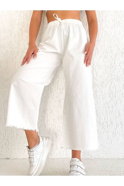 DENİKK Trend Palazzo Thin Summer Gabardine Elastic Waist Tasseled Leg White Trousers