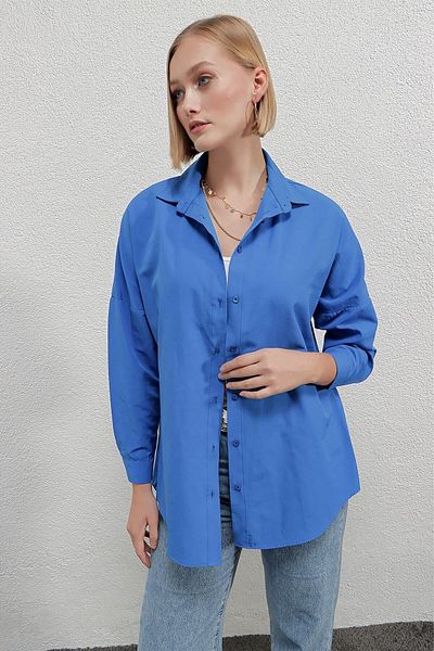 hazelin Cămașă de bază lungă oversize albastră pentru femei Hzl22w-bd139001