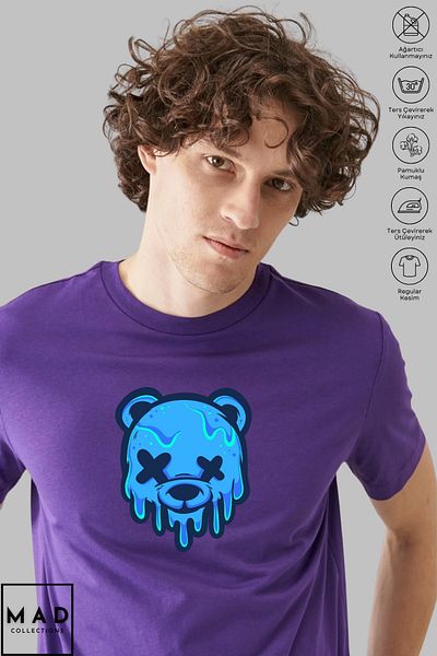 MAD COLLECTİON MAD COLLECTION Unisex Oversize Crew λαιμόκοψη βαμβακερό αρκουδάκι με στάμπα κοντομάνικο μπλουζάκι