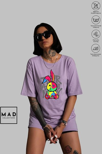 MAD COLLECTİON MAD COLLECTION Unisex Oversize Crew λαιμόκοψη, βαμβακερή ραφή με κουνέλι με στάμπα κοντομάνικο μπλουζάκι