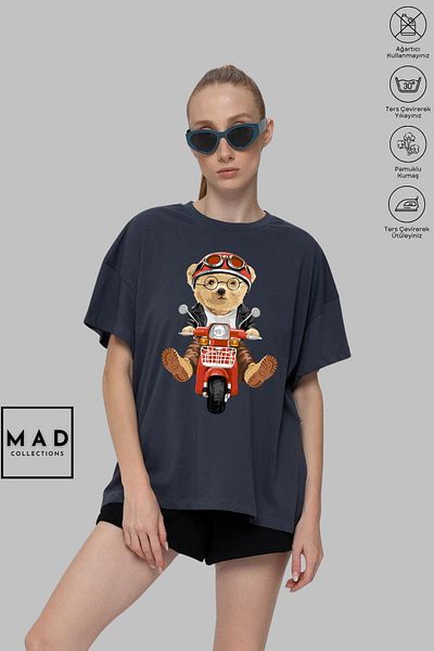 MAD COLLECTİON MAD COLLECTION Unisex Oversize Crew Neck Βαμβακερό Teddy εμπριμέ κοντομάνικο μπλουζάκι