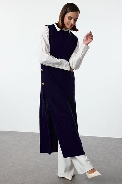 Trendyol Modest Navy Blue Side Button Thessaloniki Knitwear Sweater Tctaw25Uv00009