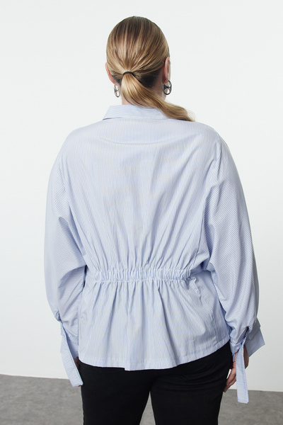 Trendyol Curve White Blue Striped Elastic Long Sleeve Plus Size Blouse - Tbbaw25af00022