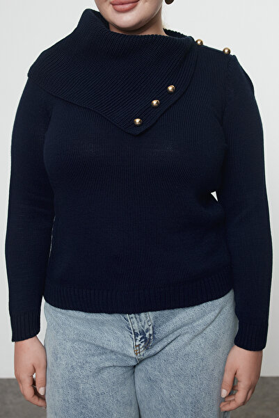 Trendyol Curve Pulover tricotat cu gât larg cu nasturi bleumarin - TBBAW25AN00047