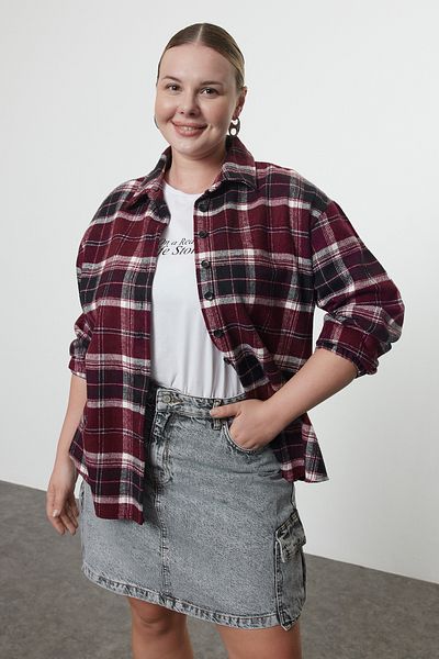 Trendyol Curve Oversize Claret Red kockás ing - TBBAW23AX00021