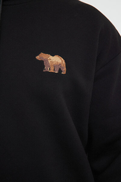 Trendyol Collection Nagy méretű fekete túlméretes/széles szabású kapucnis polár pulóver belül TMNAW25AO00005