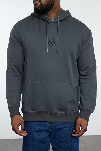 Trendyol Collection Anthracite Hooded Fleece Large Size Sweatshirt - Regular Fit Tmnaw25Ao00006
