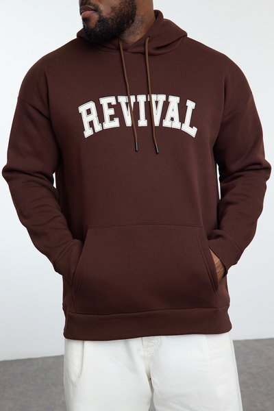 Trendyol Collection Unisex velká oversize fleecová bavlněná mikina – hnědá, potištěná Tmnaw24ao00021