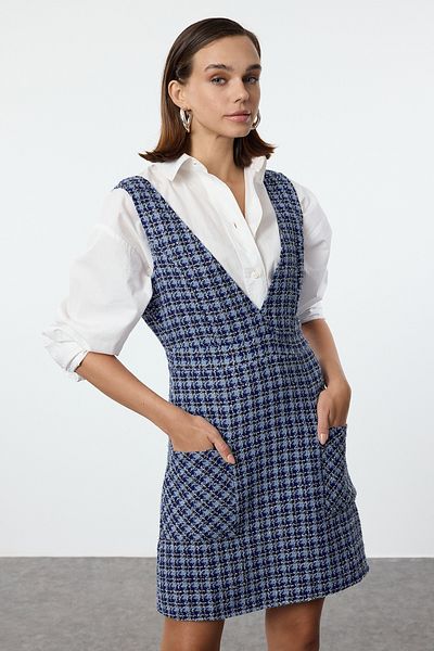 Trendyol Collection Rochie gilet din tweed țesut mini în carouri albastre TWOAW23EL00685