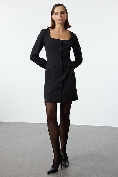 Trendyol Collection Μίνι υφαντό φόρεμα σακάκι - Μαύρο, Λεπτομέρεια τσέπης Twoaw25el00139