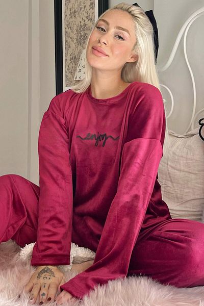 Pijamaevi Weinrotes, gemustertes, exklusives Damen-Pyjama-Set aus Samt