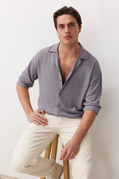 Trendyol Collection Világosszürke Oversize nyári vászon megjelenésű ing - Apasch gallér TMNSS23GO00053