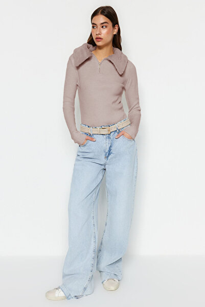 Trendyol Collection Polo Collar Powder Knitwear Sweater - Faux Fur Detail, TWOAW24KZ00204