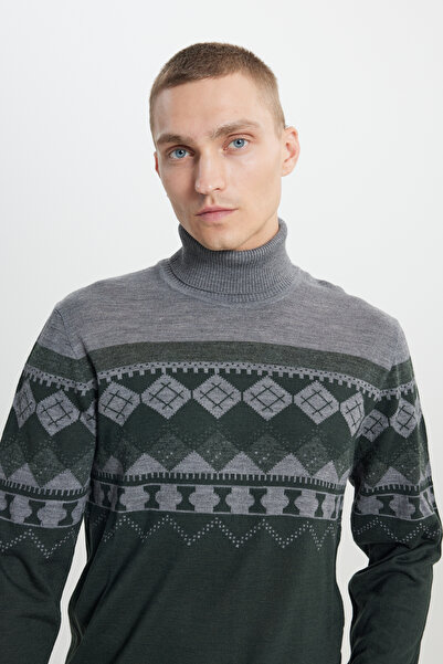 ALTINYILDIZ CLASSICS Erkek Yeşil-gri Yünlü Standart Fit Normal Kesim Tam Balıkçı Yaka Desenli Triko Kazak
