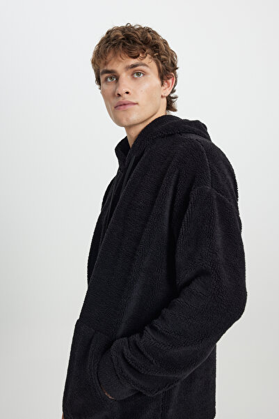 AC&Co / Altınyıldız Classics Übergroßes schwarzes Sherpa-Sweatshirt mit Kapuze für Herren - Fleece