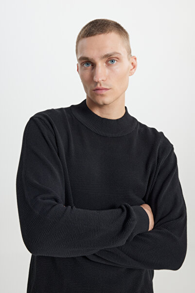 AC&Co / Altınyıldız Classics Πλεκτό πουλόβερ μαύρο ζακάρ - Ανδρικό, μισό ζιβάγκο, βαμβακερό