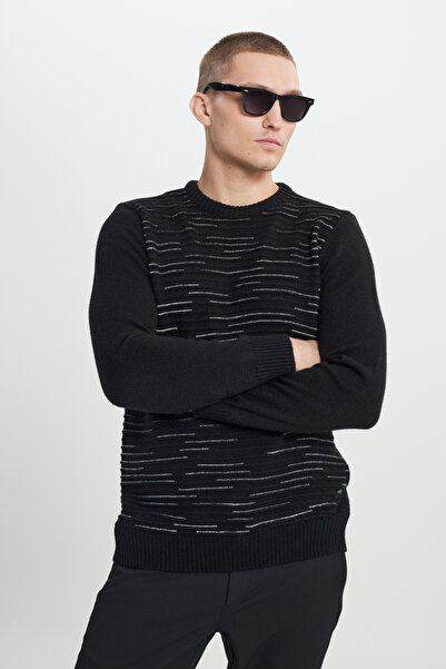ALTINYILDIZ CLASSICS Men's Black-grey Melange Patterned Crew Neck Knitwear Sweater - Standard Fit