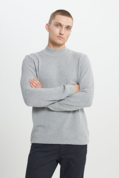 AC&Co / Altınyıldız Classics Pánský pletený svetr s bavlněným vzorem, šedý Melange Standard Fit, poloviční rolák