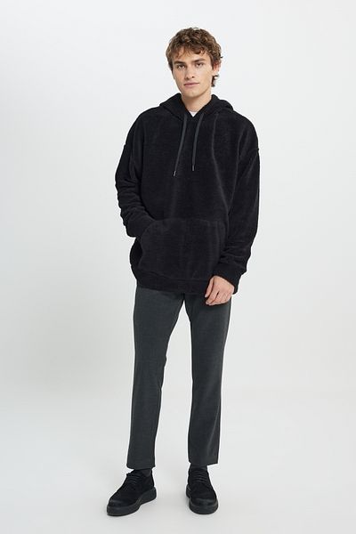 AC&Co / Altınyıldız Classics Übergroßes schwarzes Sherpa-Sweatshirt mit Kapuze für Herren - Fleece