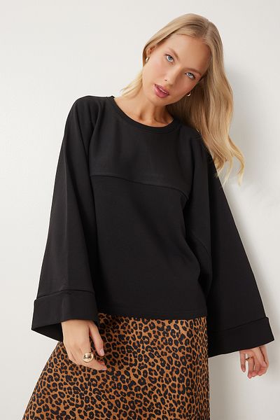 Happiness İstanbul Schwarzes Oversize-Strick-Sweatshirt – weite Ärmel für Damen FN03334