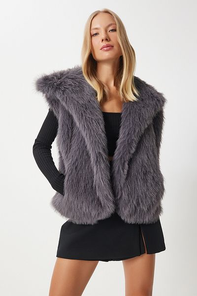 Happiness İstanbul Anthracite Faux Fur Women's Vest - Yl00003