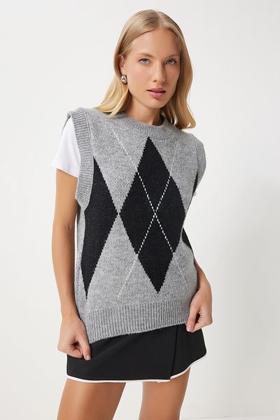 Happiness İstanbul Gray Diamond Patterned Women's Knitwear Sweater - An00211