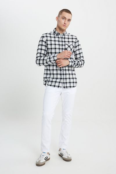 AC&Co / Altınyıldız Classics Schwarz-graues Slim Fit Flanellhemd für Herren - geknöpfter Kragen, warmes kariertes Winter-Holzfäller-Landwirtschaftsmuster