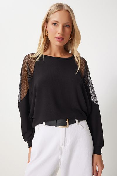 Happiness İstanbul Schwarze Strickbluse – Fledermausärmel, Mesh-Detail EN00621