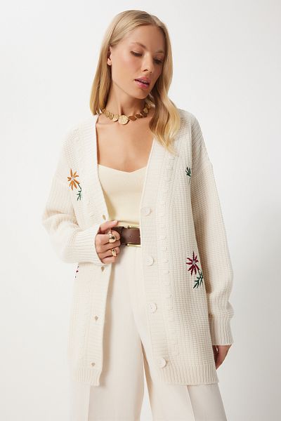 Happiness İstanbul Cremefarbene Strickjacke aus Strick mit Blumenstickerei für Damen KG00002