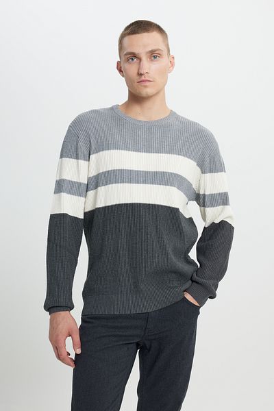 AC&Co / Altınyıldız Classics Men's Anthracite-Melange Standard Fit Regular Cut Crew Neck Patterned Knitwear Sweater